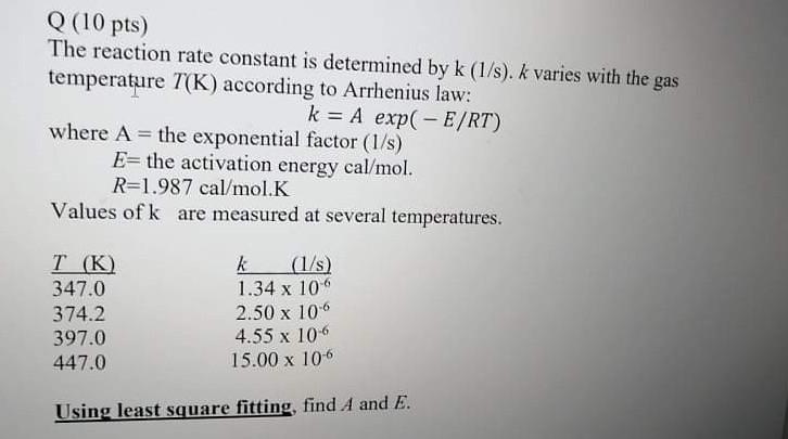 Solved Q (10 pts) The reaction rate constant is determined | Chegg.com