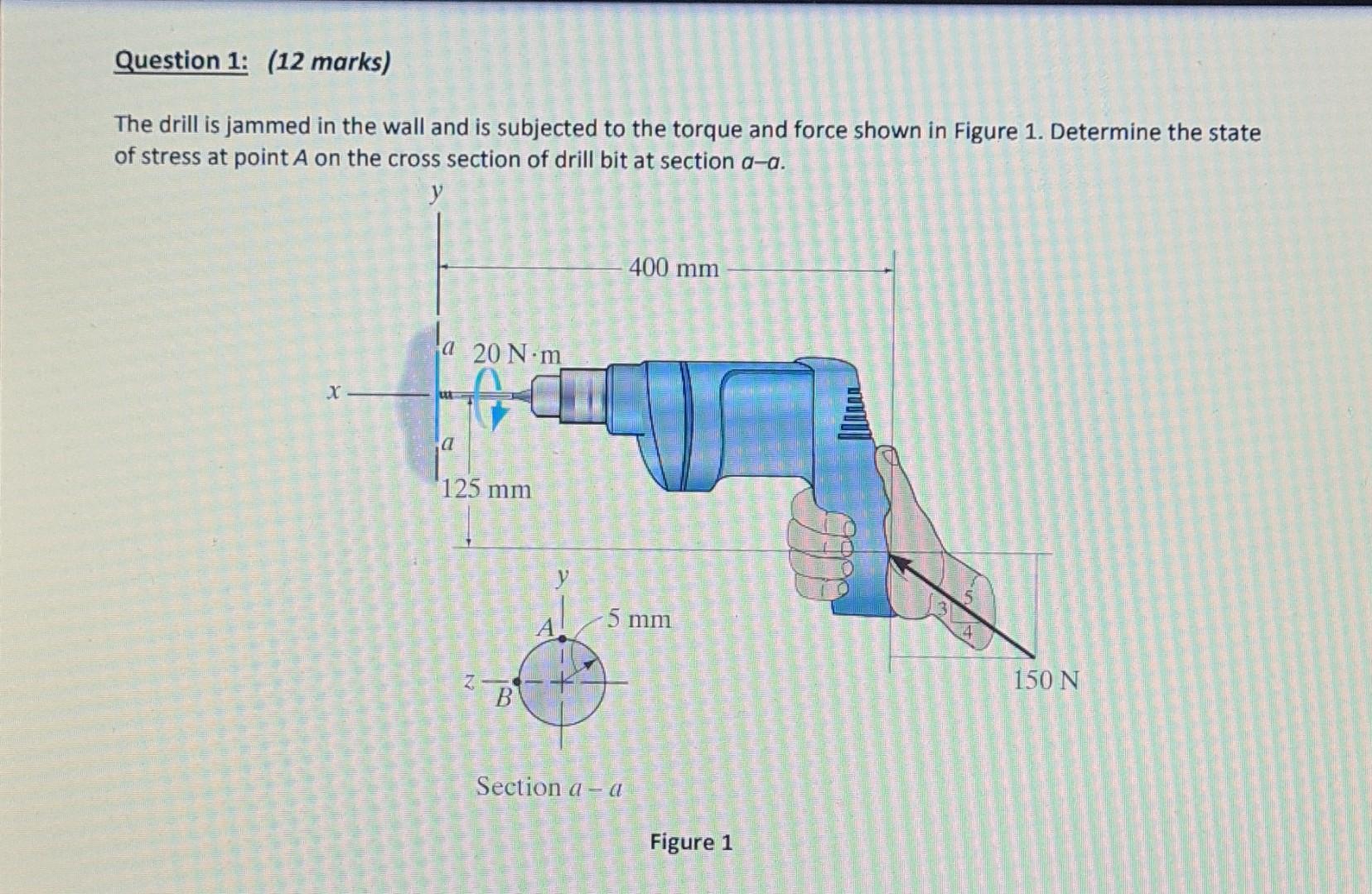 Question 1: (12 marks)
The drill is jammed in the wall and is subjected to the torque and force shown in Figure 1. Determine 