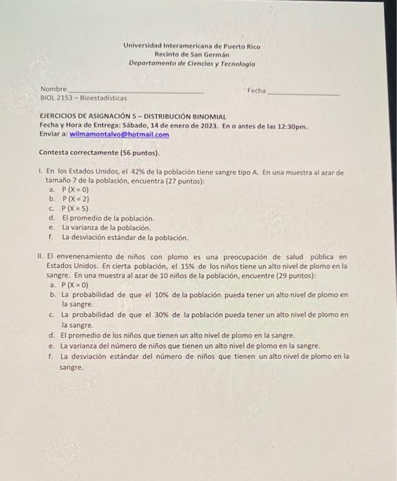 Universidad Interamericana de Puerto Rico Recinto de San Germán Departamento de Ciencias y Tecnologio Nombre Fecha BIOL. 2153