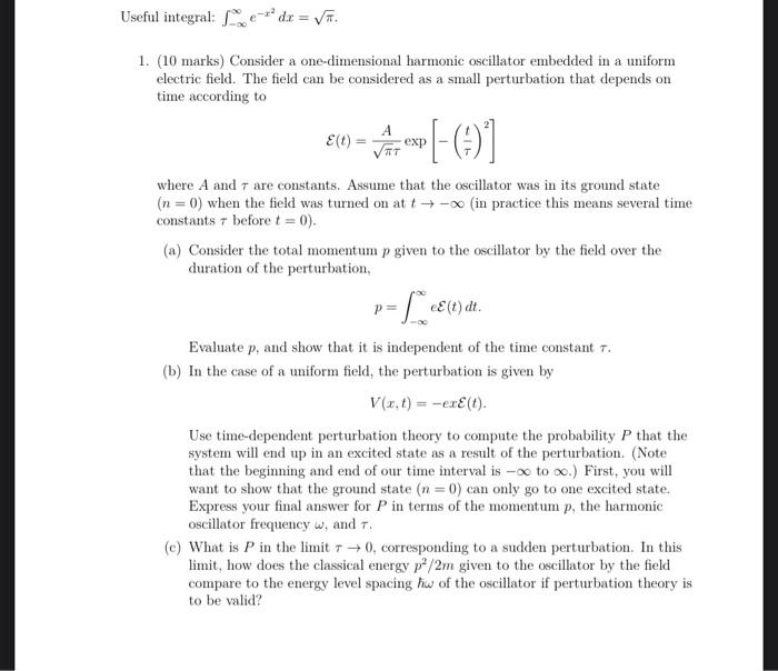 Solved Seful Integral ∫−∞∞e−x2dxπ 1 10 Marks Consider 8099