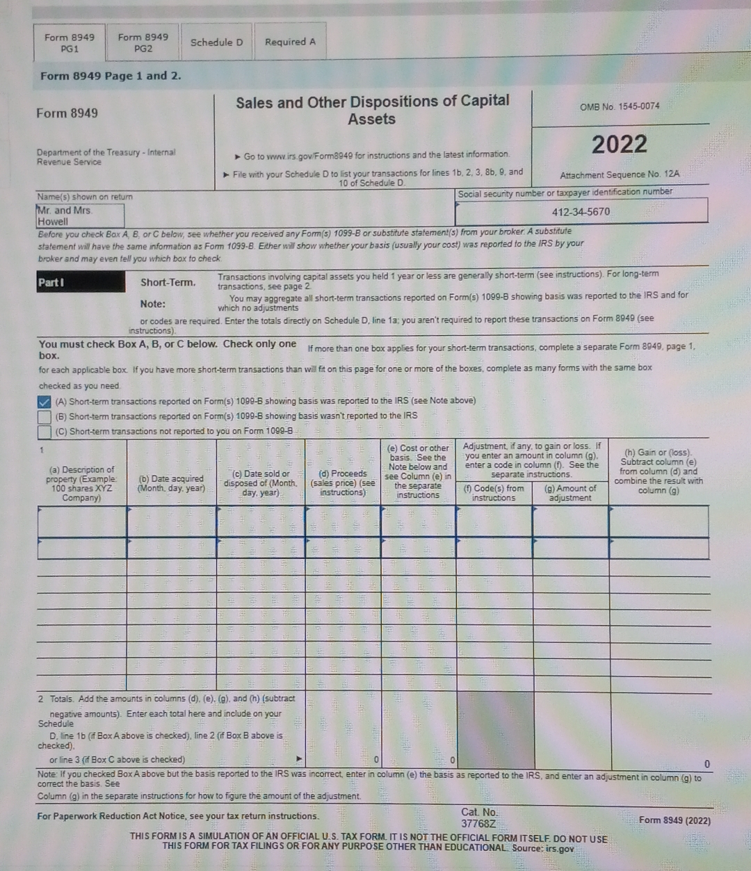 Form 8949Form 8949PG1PG2Schedule DRequired AForm 8949 | Chegg.com