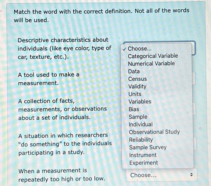 Solved Match the word with the correct definition. Not all | Chegg.com