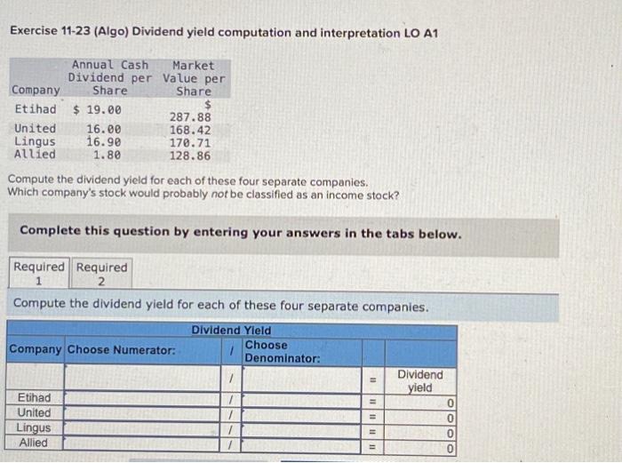 Solved Exercise 11-23 (Algo) Dividend Yield Computation And | Chegg.com