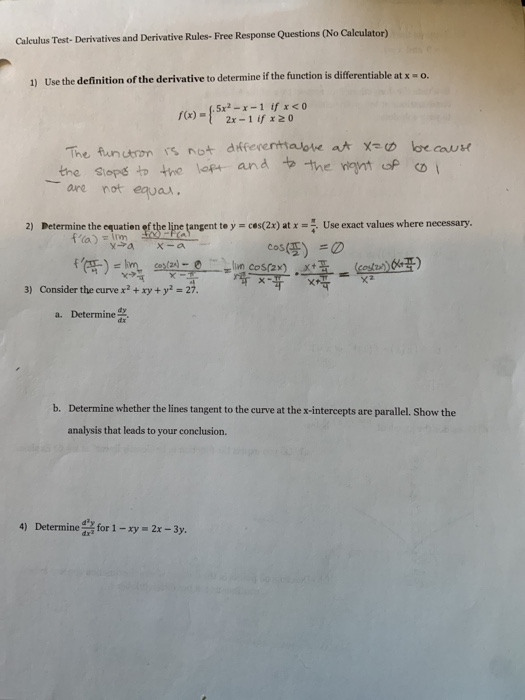 Solved Calculus Test- Derivatives And Derivative Rules- Free | Chegg.com