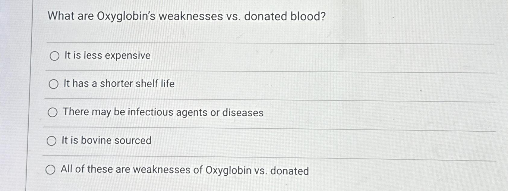 Solved What are Oxyglobin's weaknesses vs. ﻿donated blood?It