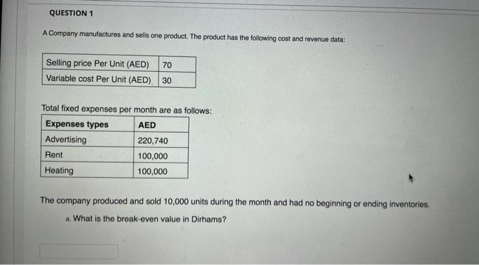 Solved QUESTION 1 A Company manufactures and sells one | Chegg.com