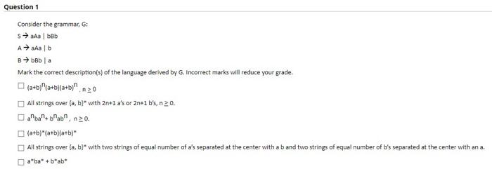 Solved Consider the grammar, G: s→AAa∣bBbA→AAa∣bB→bBb∣a Mark | Chegg.com