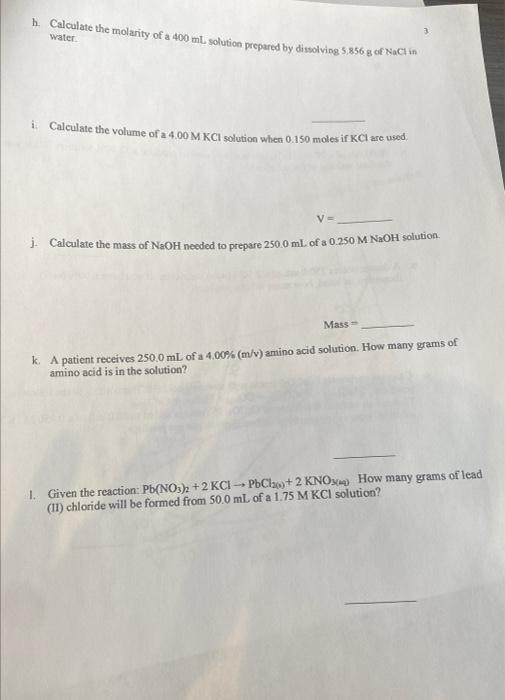 Solved h. Calculate the molarity of a 400 mL solution | Chegg.com