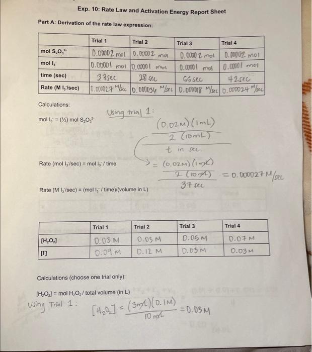 Solved Part B: Calculation Of Energy Of Activation: Note: | Chegg.com