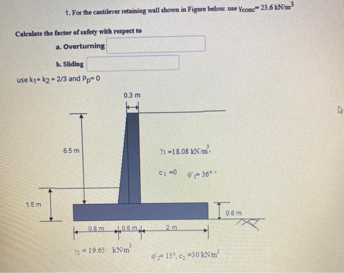 Solved 1. For the cantilever retaining wall shown in Figure | Chegg.com
