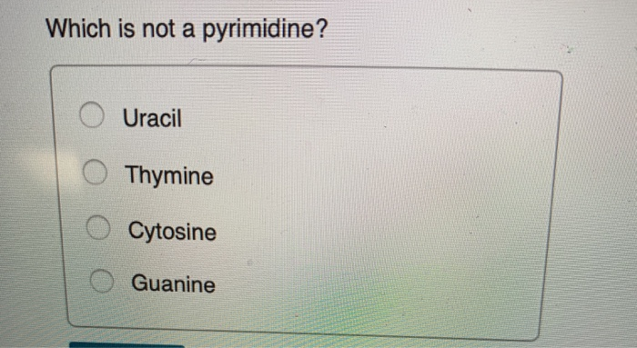 Solved Which is not a pyrimidine? Uracil Thymine Cytosine | Chegg.com