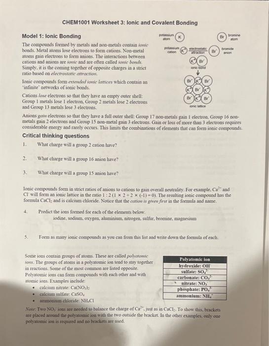 Solved CHEM1001 Worksheet 3: Ionic and Covalent Bonding Chegg com