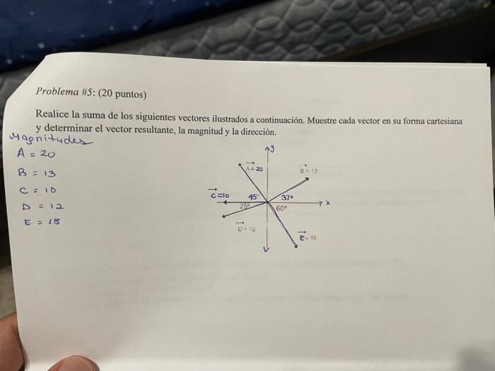 Realice la suma de los siguientes vectores ilustrados a continuación. Muestre cada vector en su forma cartesiana y determinar