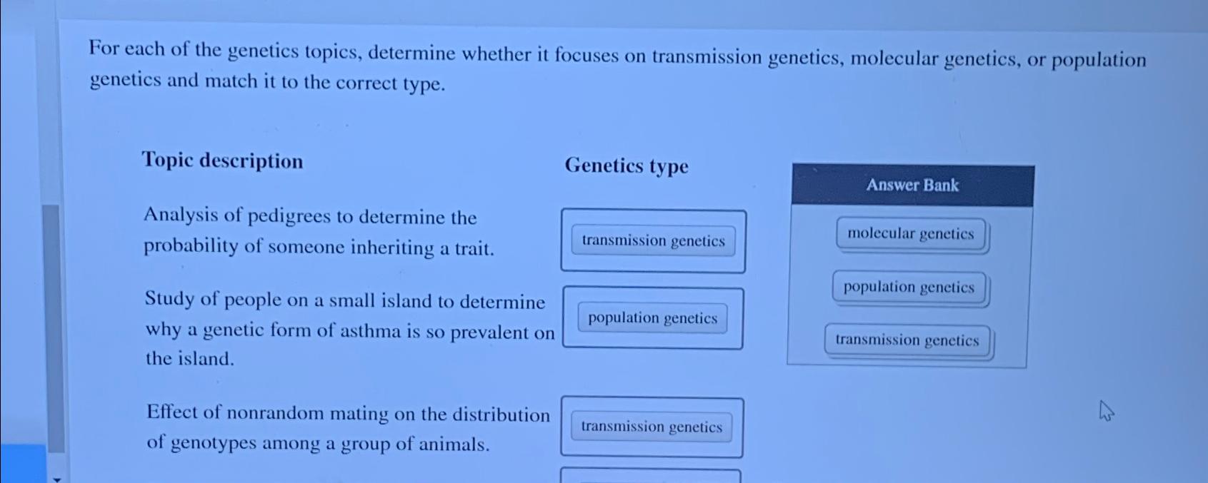 Solved For each of the genetics topics, determine whether it | Chegg.com