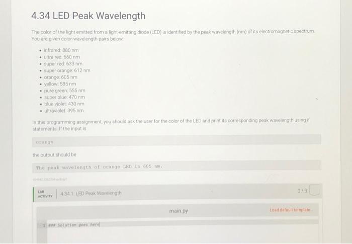 Solved 4.34 LED Peak Wavelength The color of the light | Chegg.com
