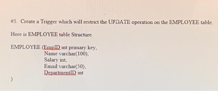 Solved #5. Create a Trigger which will restrict the UPDATE | Chegg.com