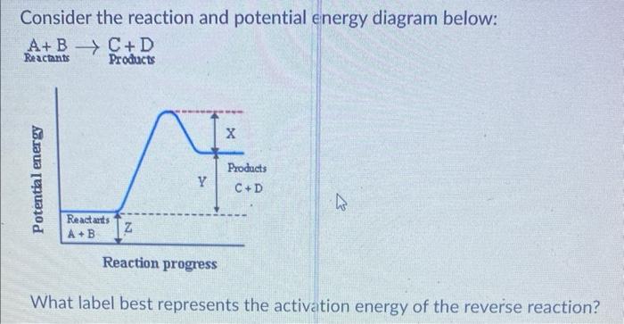 Consider the reaction and potential energy diagram below:
\[
\frac{\mathrm{A}+\mathrm{B}}{\text { Reactants }} \rightarrow \t