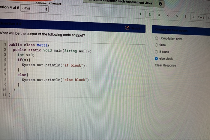 UW Engineer Tech Assessment Java A D ance 6 ction 4 of 6 Java 2 3 4 6 < 2 of 8 > orn What will be the output of the following