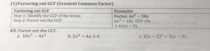 Solved (1) Factoring out GCF (Greatest Common Factor) | Chegg.com