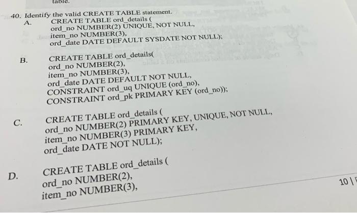 Solved table, 40. Identify the valid CREATE TABLE statement. | Chegg.com