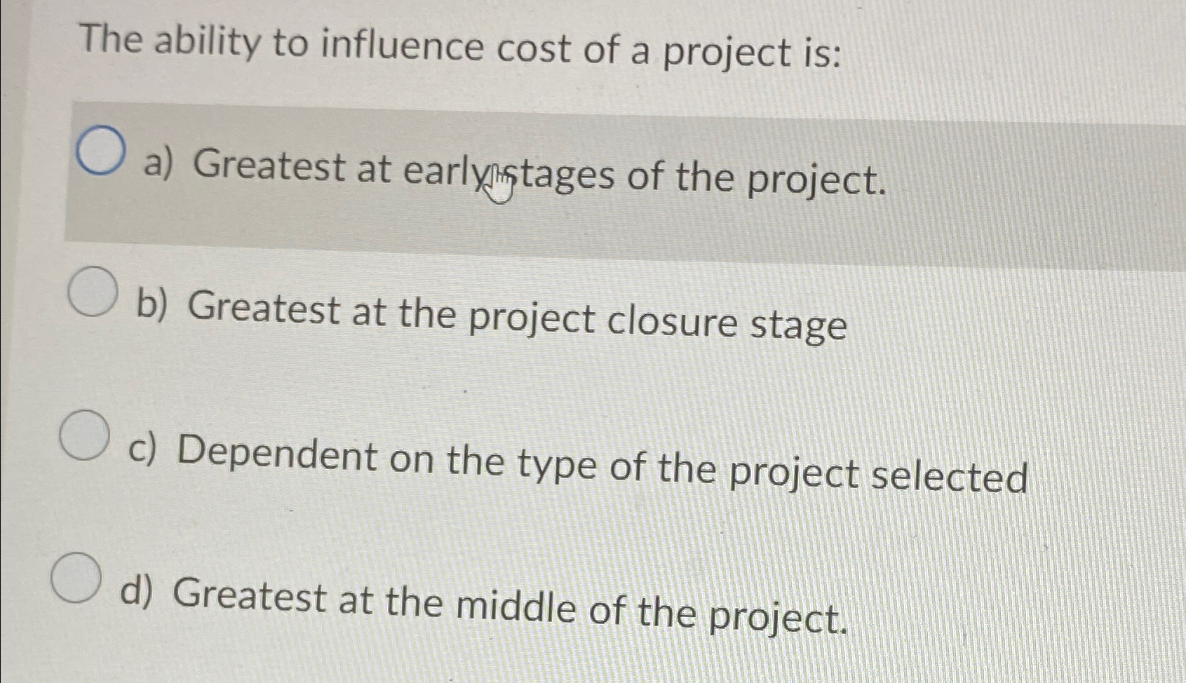 Solved The ability to influence cost of a project is:a) | Chegg.com
