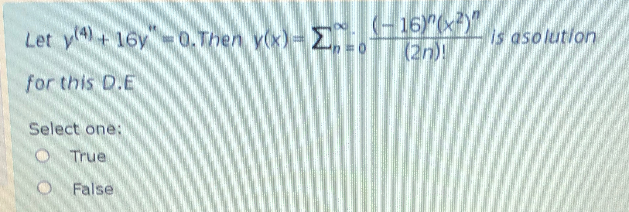 Solved Let v(4)+16y''=0. ﻿Then v(x)=∑n=0∞(-16)n(x2)n(2n)! | Chegg.com