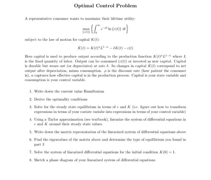 Optimal Control Problem A representative consumer | Chegg.com