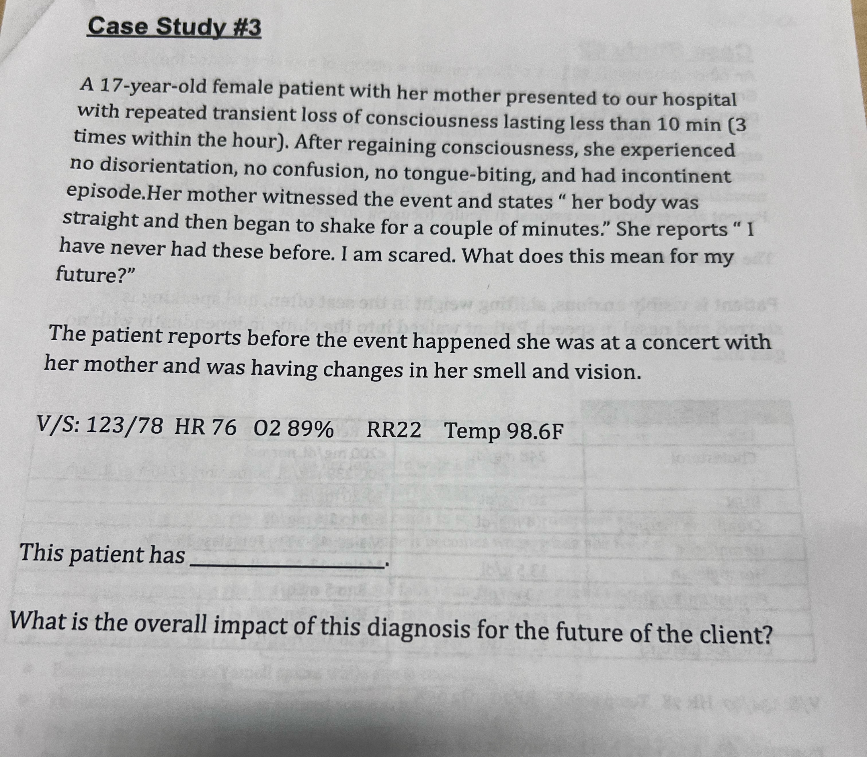 Solved Case Study #3A 17-year-old female patient with her | Chegg.com