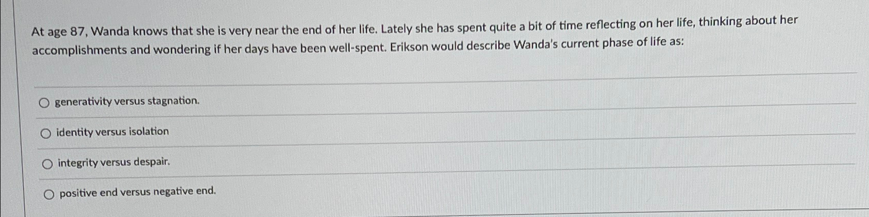 Solved At age 87. ﻿Wanda knows that she is very near the end | Chegg.com