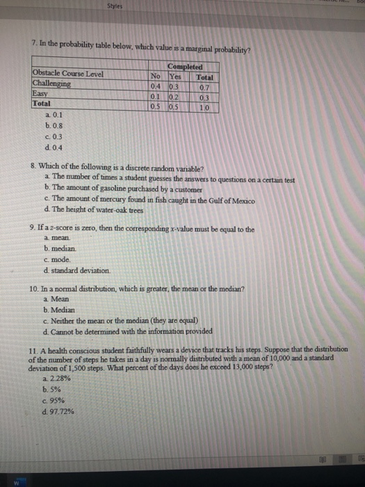 Solved Styles 7. In the probability table below, which value | Chegg.com