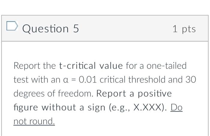 Solved D Question 5 1 pts Report the t-critical value for a | Chegg.com