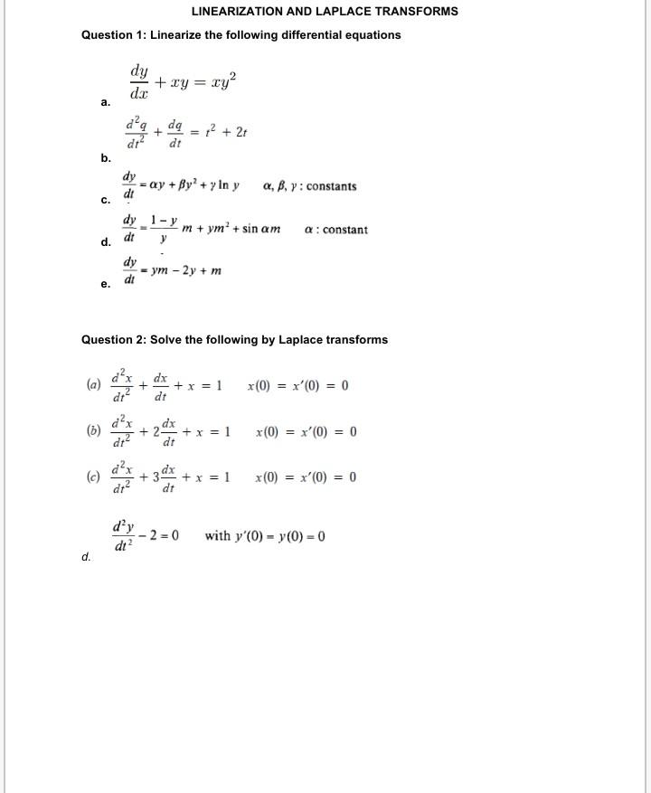 Solved LINEARIZATION AND LAPLACE TRANSFORMS Question 1: | Chegg.com