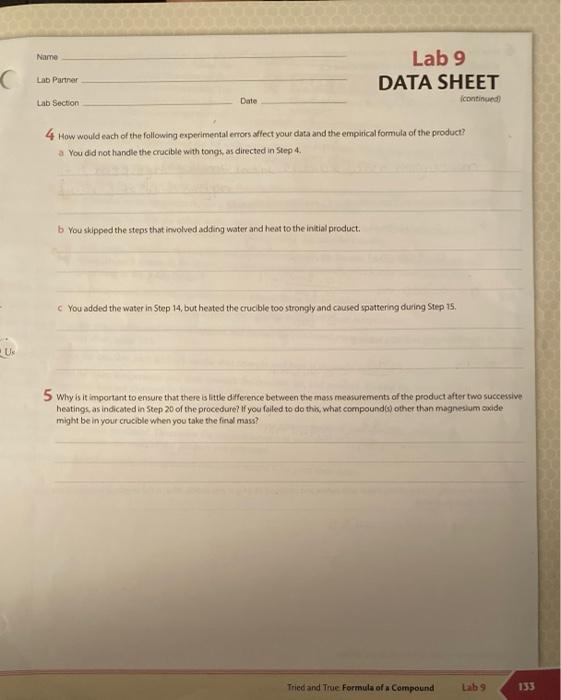 Name C Lab 9 DATA SHEET Lab Partner Lab Section Date | Chegg.com