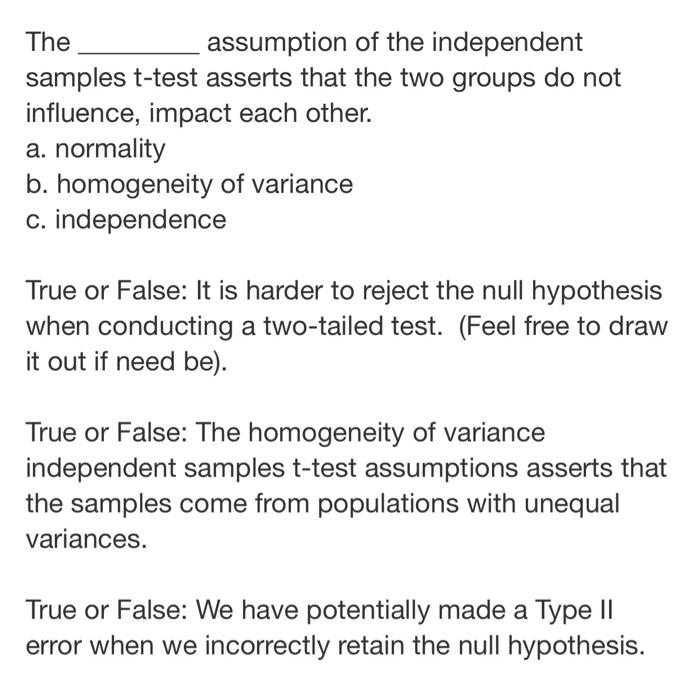 Solved The Assumption Of The Independent Samples T-test | Chegg.com