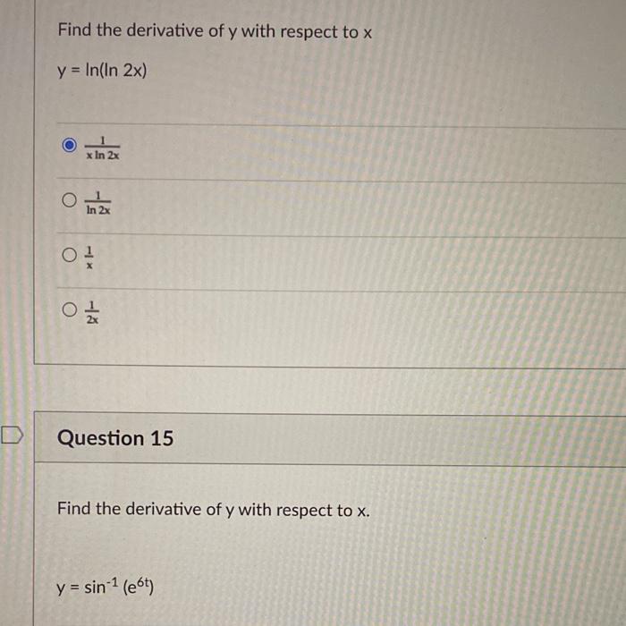 Solved find the derivative of y with respect to x y ln ln2x chegg
