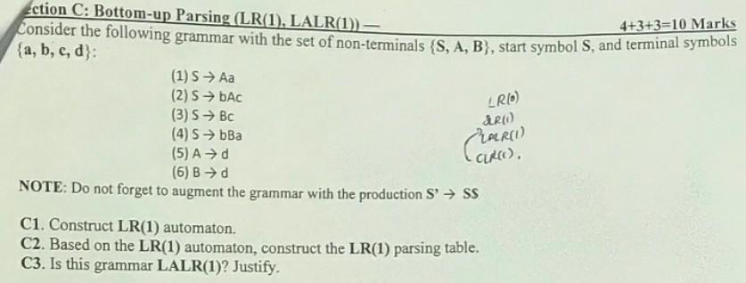 Solved Lro Ar 1 Ection C Bottom Up Parsing Lr 1 Chegg Com
