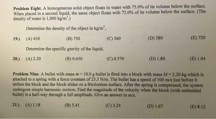 Solved Problem Eight. A homogeneous solid object floats in | Chegg.com