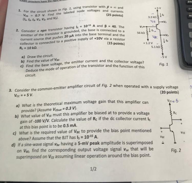 Solved 1. For the circuit shown in Fig. 1, using transistor | Chegg.com