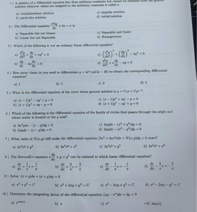 Solved 1) A solution of a differential equation free from | Chegg.com