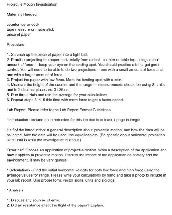 Solved Projectile Motion Investigation Materials Needed: | Chegg.com
