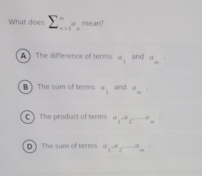 Solved What does ∑n=1man mean?The difference of terms a1 | Chegg.com