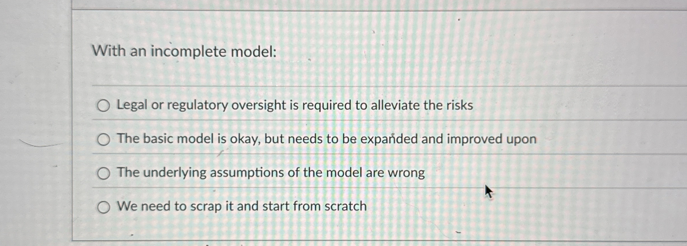 Solved With an incomplete model:Legal or regulatory | Chegg.com