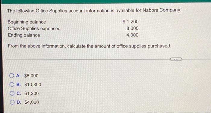 The following Office Supplies account information is available for Nabors Company:
Beginning balance
$ 1,200
Office Supplies 