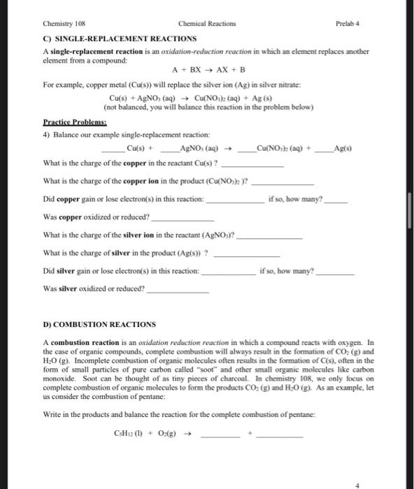 Solved PreLab 4 Chemical Reactions Many chemical