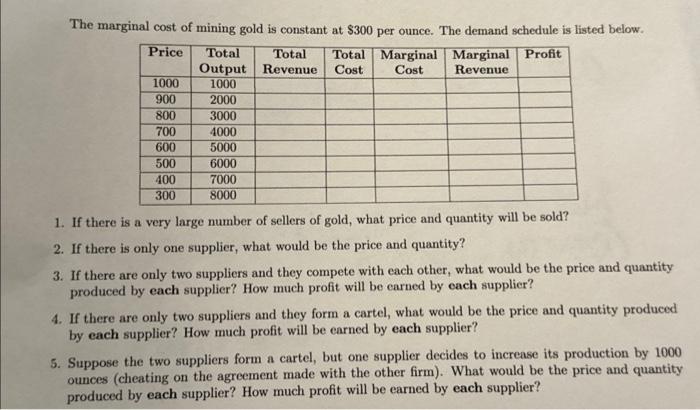 Solved The marginal cost of mining gold is constant at $300 | Chegg.com
