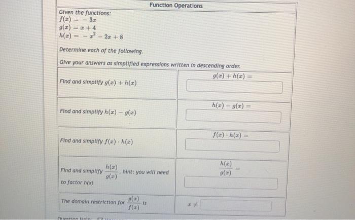Solved Function Operations Given the functions: f(x) = - 3 | Chegg.com