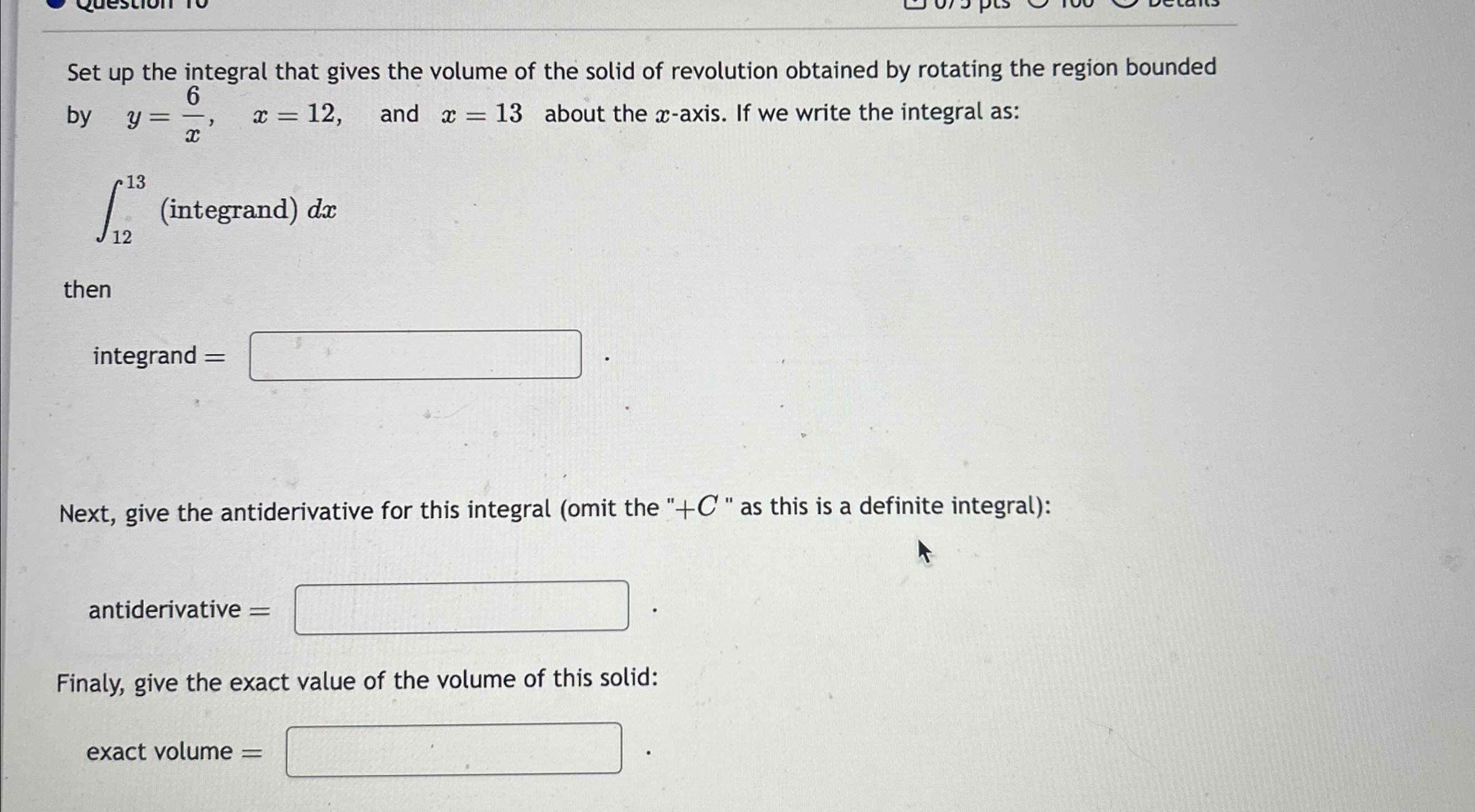 Solved Set up the integral that gives the volume of the | Chegg.com