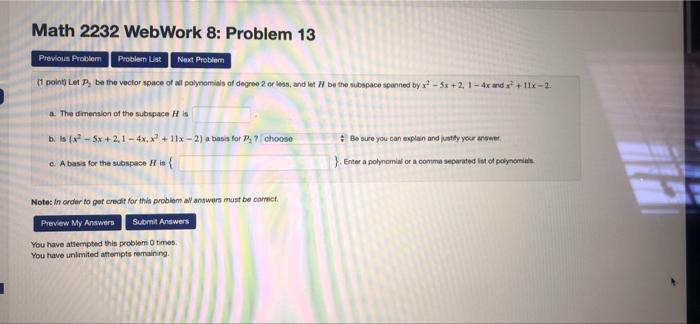 Solved Math 2232 WebWork 8: Problem 13 Previous Problem | Chegg.com