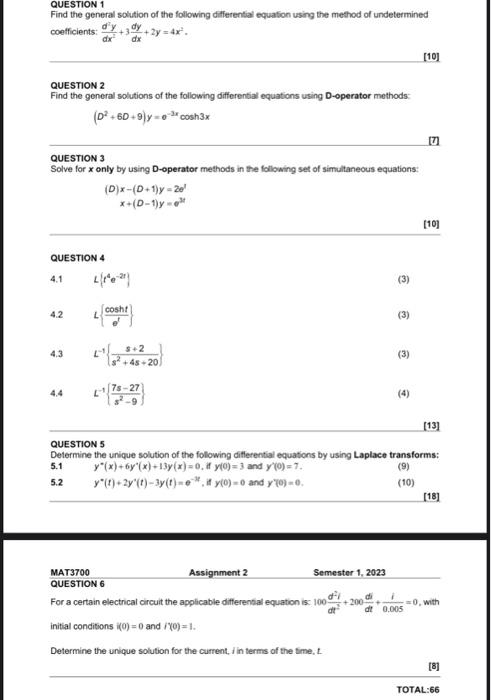 Solved QUESTION 1 Find the general solution of the following | Chegg.com