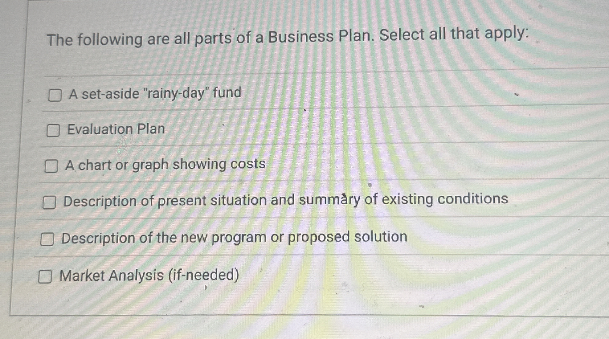 Solved The following are all parts of a Business Plan. | Chegg.com